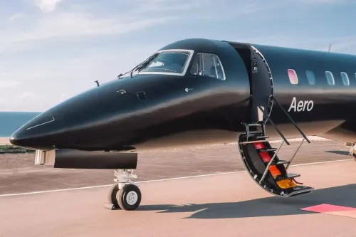Close up of a semi-private jet from Aero with the boarding stairs down